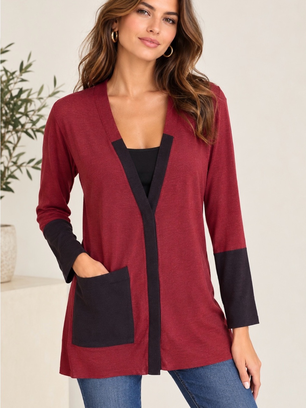Akris Punto 100% Wool Burgundy Open-Front Cardigan with Black Trim Colorblock
